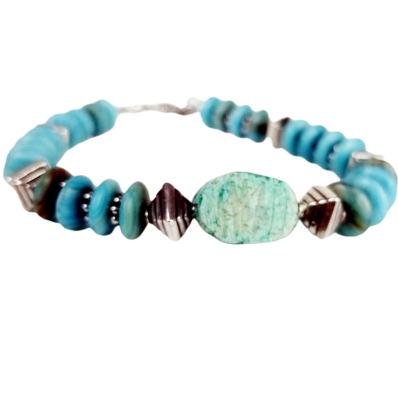 Artisan Turquoise Magnesite Disk & Scarab & Sterling Silver Bracelet - Picture 3 of 6